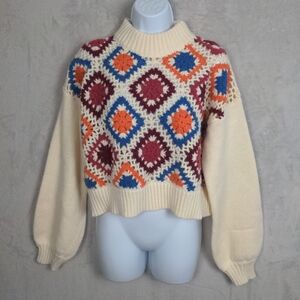 NWT Debut Sweater Women Medium Large Ivory Granny Square Open Knit Colorful Boho